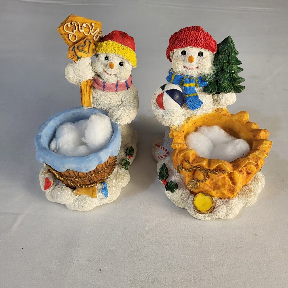 Vintage Set Of 2 - 5" Resin Snowmen Candle Holder Winter Holiday Christmas Decor